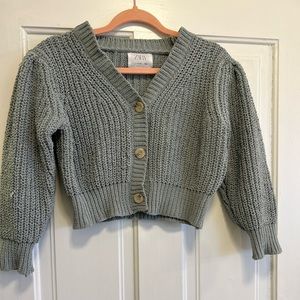 Zara girls boxy cropped chunk-knit sage green cardigan sweater